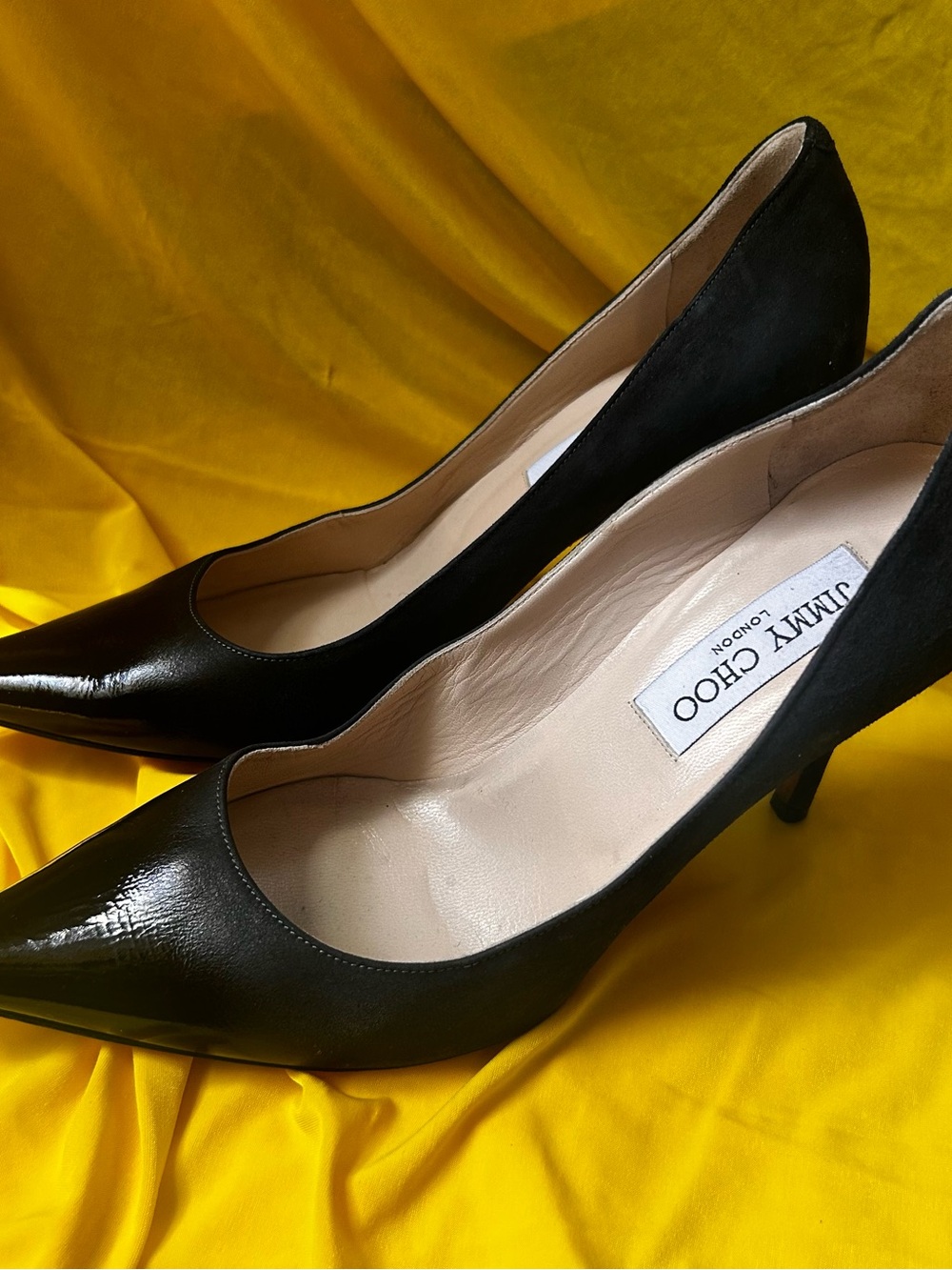 Jimmy Choo Black Patent and Suede Pointed-Toe Pumps